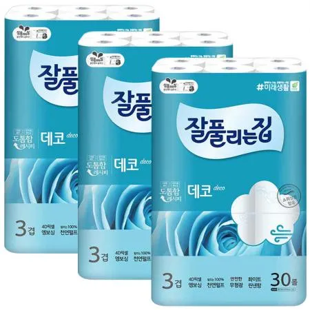 잘풀리는집 3겹 더도톰한 데코 화장지 30m 30롤 x3개