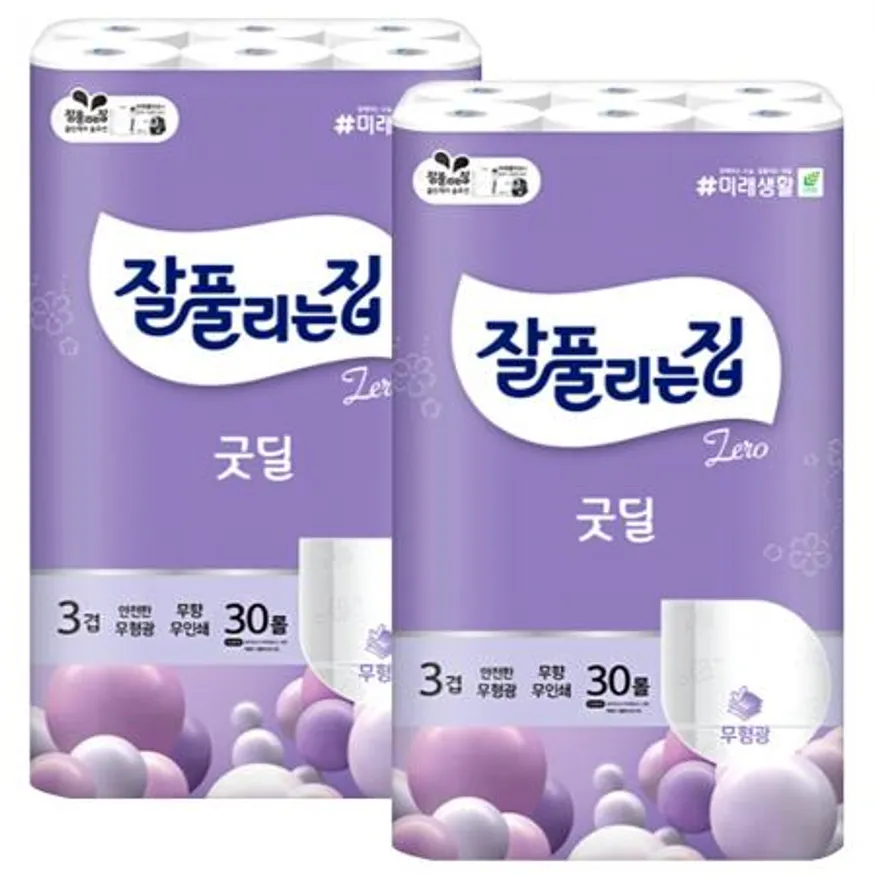 잘풀리는집 3겹 굿딜 무형광 두루마리 화장지 30m 30롤 x2개 이미지