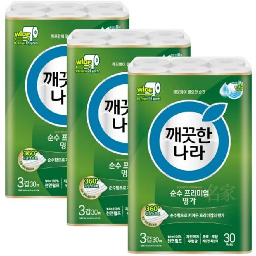깨끗한나라 3겹 명가 순수 화장지 30m30롤 (광폭) x3개 이미지