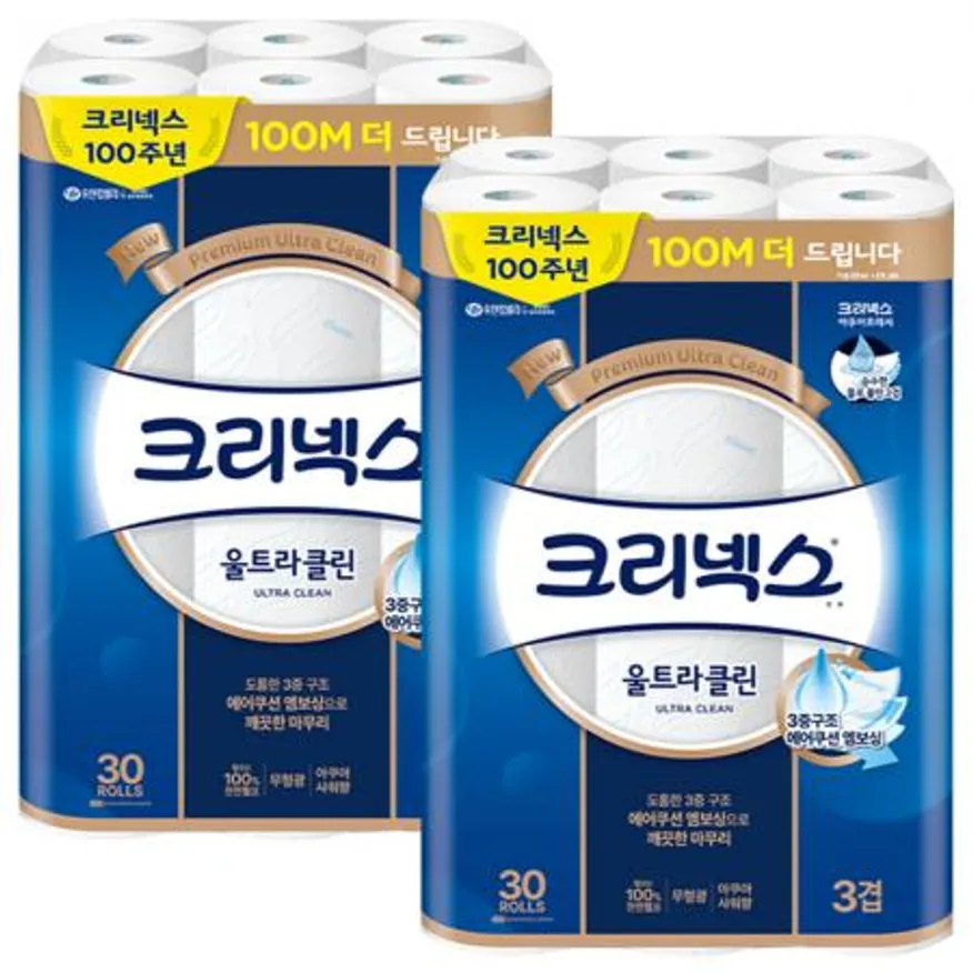 (100m보너스) 크리넥스 3겹 울트라클린 데코 화장지 25+3m 30롤 x2개 이미지