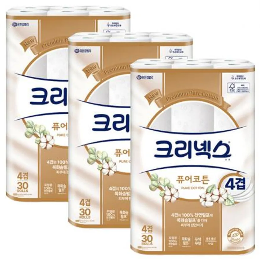 크리넥스 4겹 퓨어코튼 화장지 25m 30롤 x3개 이미지