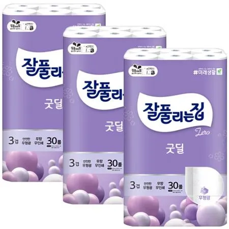 잘풀리는집 3겹 굿딜 무형광 두루마리 화장지 30m 30롤 x3개