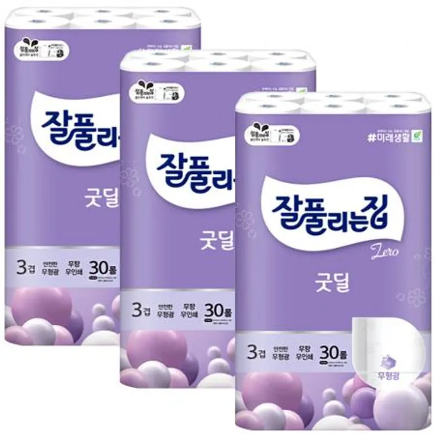 잘풀리는집 3겹 굿딜 무형광 두루마리 화장지 30m 30롤 x3개 이미지