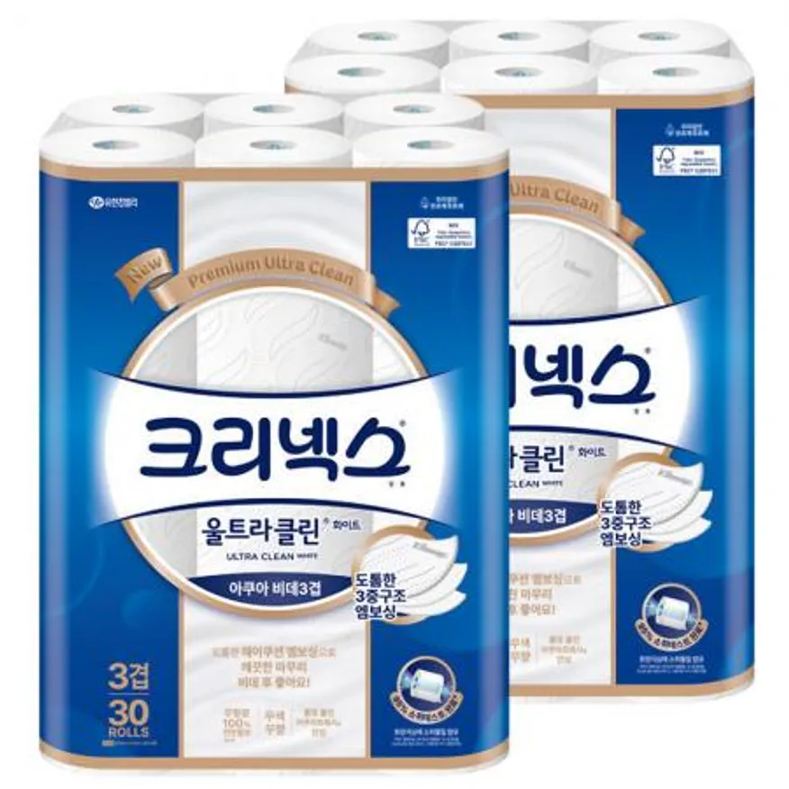크리넥스 3겹 울트라클린 화이트 비데티슈 화장지 30m 30롤 x2개 이미지