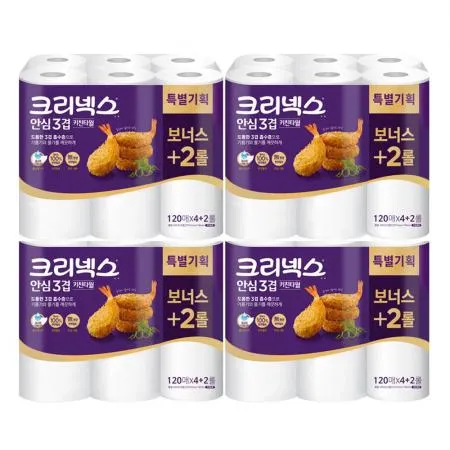 크리넥스 키친타월 안심 프리미엄 3겹 120매 4+2롤 x4개