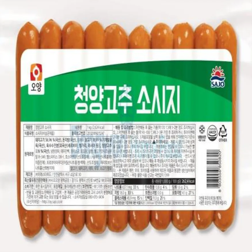 (16:30마감(D) 오양청양고추소시지(사조오양/냉동/돈육:국산,닭고기:국산/1kg)EA 이미지