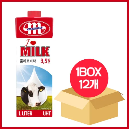 [BOX할인] 믈레코비타 수입 멸균우유 1L  우유 100% 유지방 3.5% 12개
