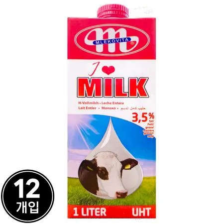 [12개] 믈레코비타 수입 멸균우유 1L  우유 100% 유지방 3.5% 실온보관